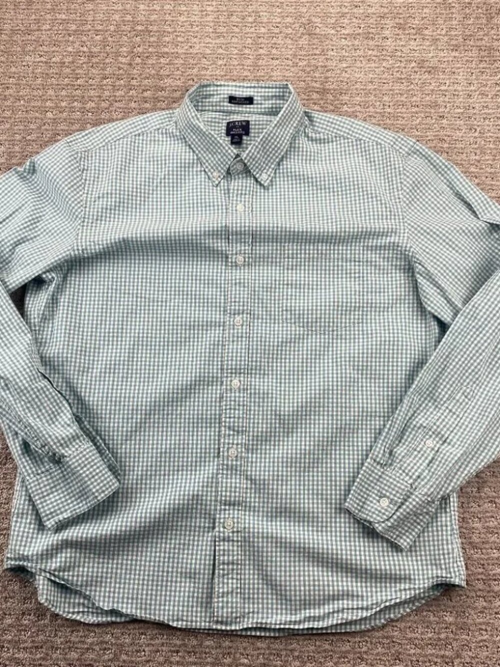 J. Crew Shirt Men Extra Large XL White Teal Checkered Flex Washed